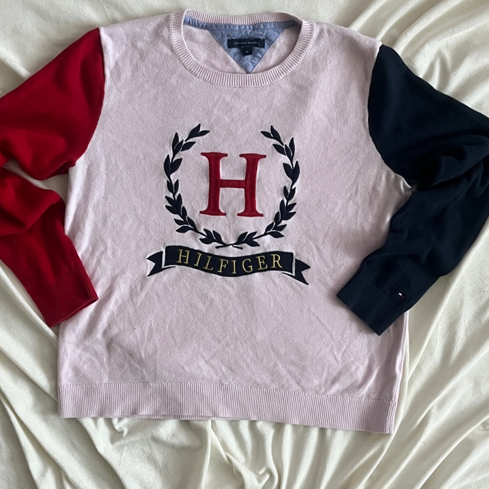 Preppy Tommy Hilfiger Red, pink, and Navy Blue  Crew Neck Sweater size M